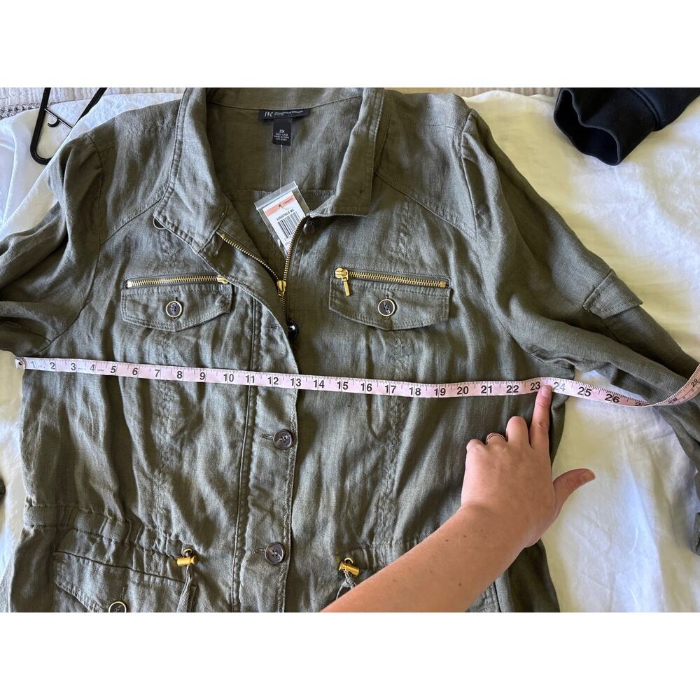 INC Utility Jacket Women's 2XL Olive Green Linen Lightweight Cargo Military Chic - Picture 12 of 14